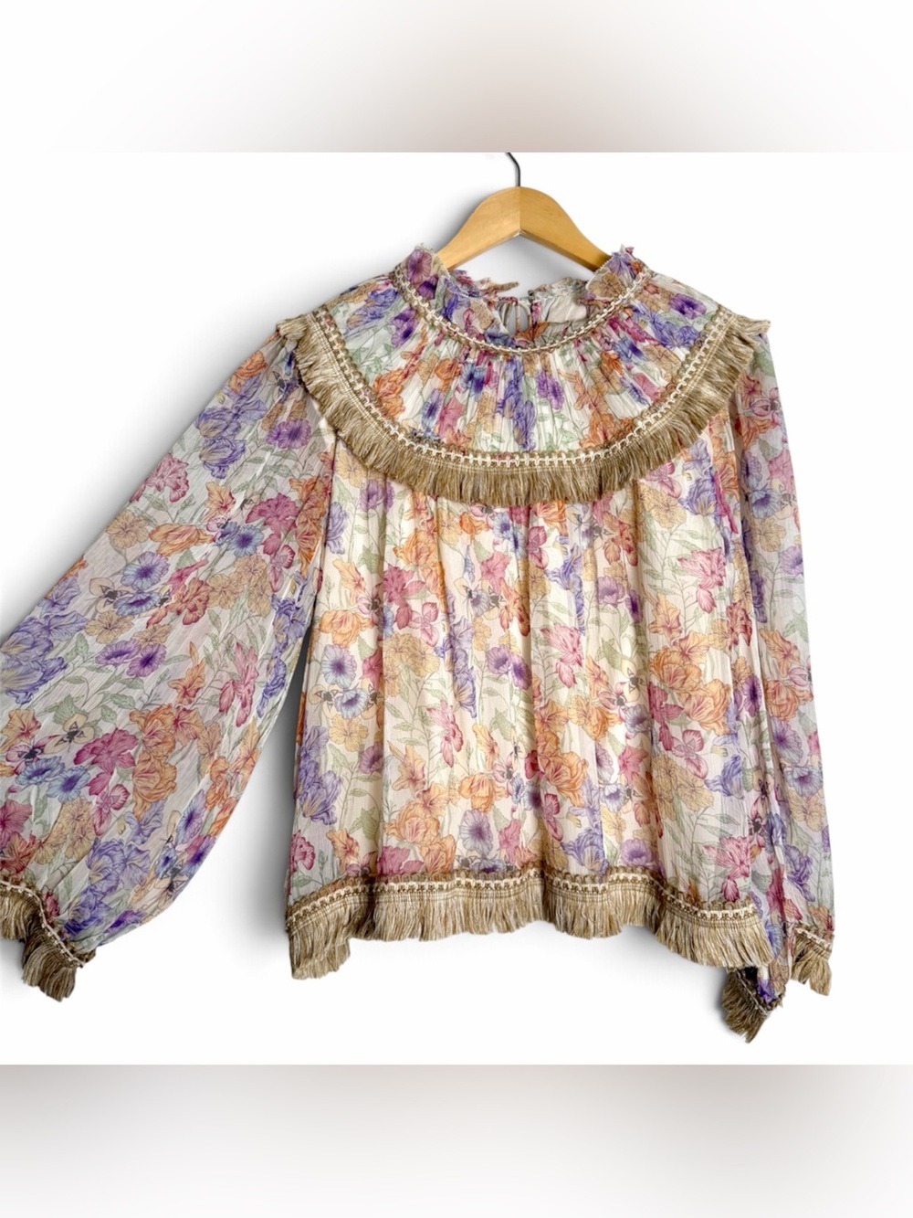 letmebe Anthropologie Floral Layered Blouse With Fringe size Medium